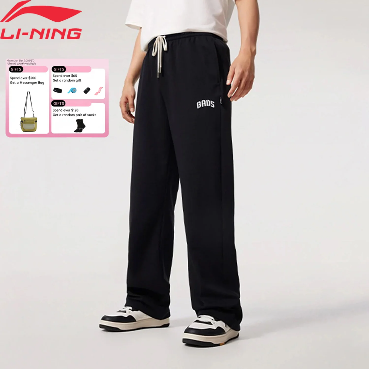 

Li-Ning Men's BADFIVE Pants AT DRY FREEZE Loose Fit 54%Cotton 46%Polyester Embroidered Logo LiNing Sports Trousers AKLV081
