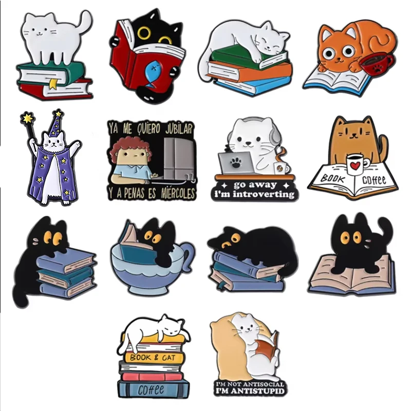 Emaille-Anstecknadeln mit Cartoon-Katze-Lesebuch, niedliche produktive Ente, harte Tier-Brosche, Anstecknadel, lustiger Schmuck, Geschenke für Freunde