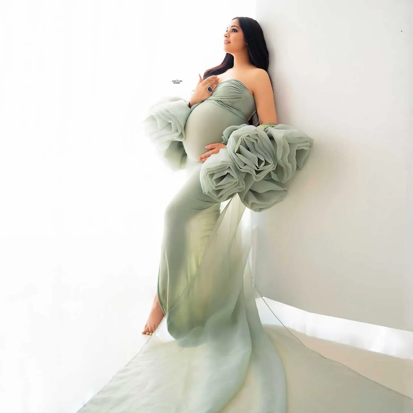 

Очаровательное мятно-зеленое платье-накидка с цветочным принтом для фотосессии, 2-х предметное платье для беременных, платья для беременных с накидкой и накидкой