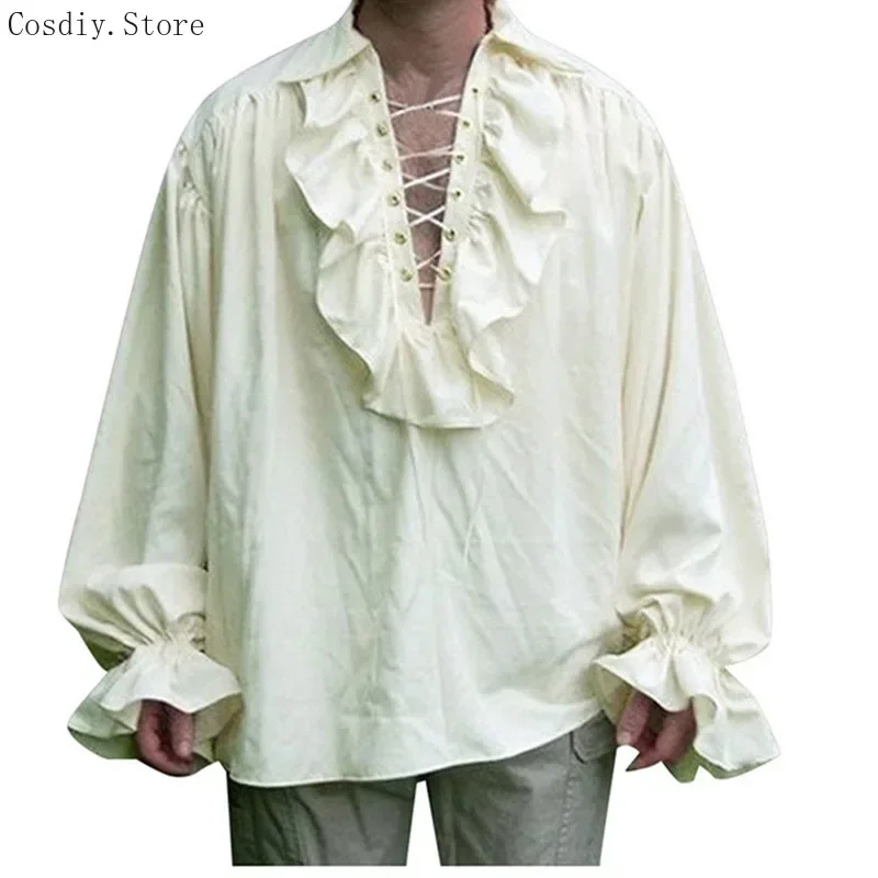 S-5XL Medieval Pirate Halloween Vampire Costume Men Ruffle Jabot Tops Gothic Shirt Lace Up Victorian Colonial Outfit For Ad MN1