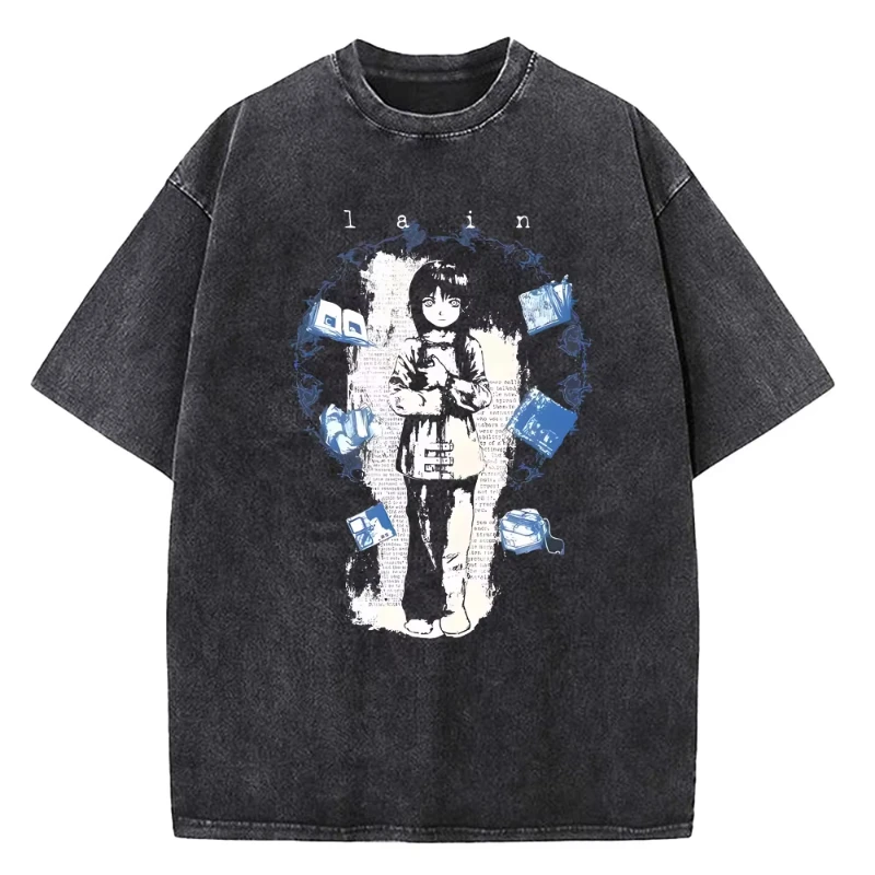 

japanese anime Serial Experiments Lain Vintage Washed T Shirt Men High Quality Cotton Manga Short Sleeve Fashion T Shirt Women