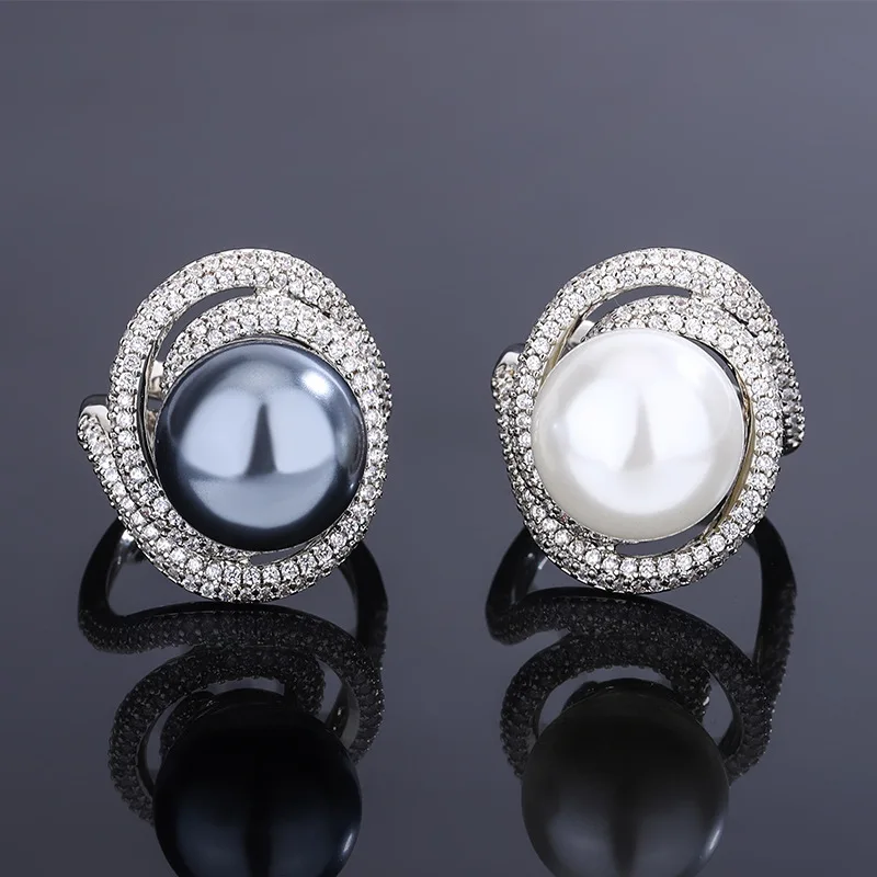 

New Jewelry Copper Gold Plated Inlaid Pearl Lace Style Elegant Diamond Ring for Women 14mm