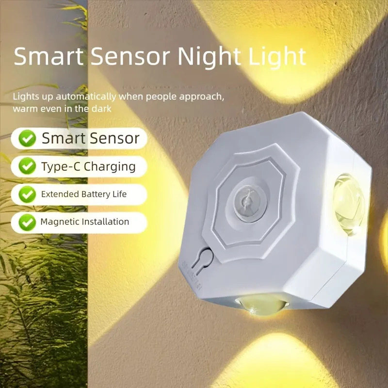 

Трехцветные ночники с датчиком движения, умные четырехсторонние настенные светильники для декора, регулируемая яркость для ступеней и коридоров
