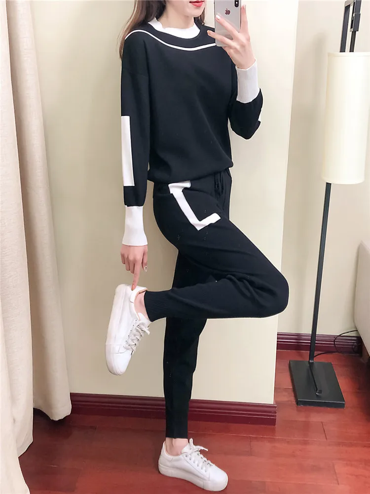 Spring Fall Knitted 2 Pieces Sets Women Long Sleeve Knit Pullover Tops Conjuntos Korean Casual High Waist Jogger Pants Outfit