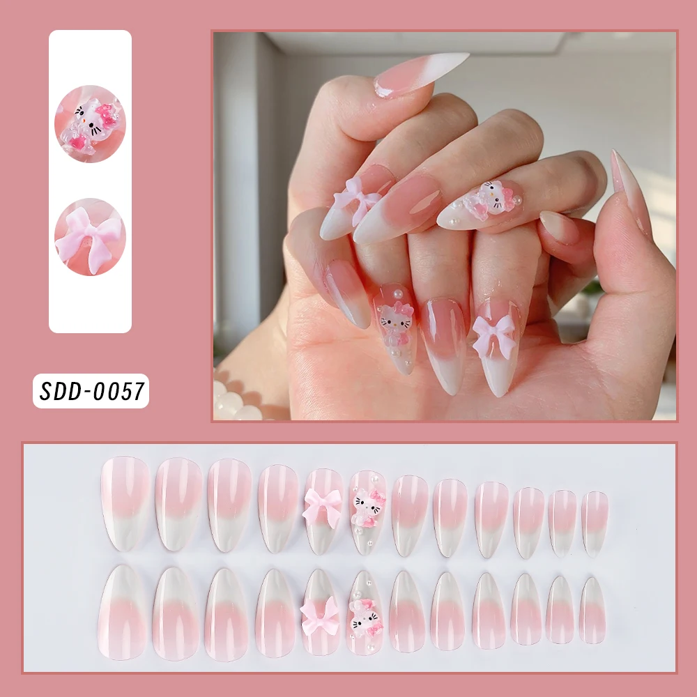 24枚入りミディアムアーモンドシェイプ3Dハローキティフェイクネイルボウリボンピンクホワイトフレンチフルカバーフェイクネイルアクリルつけ爪セット