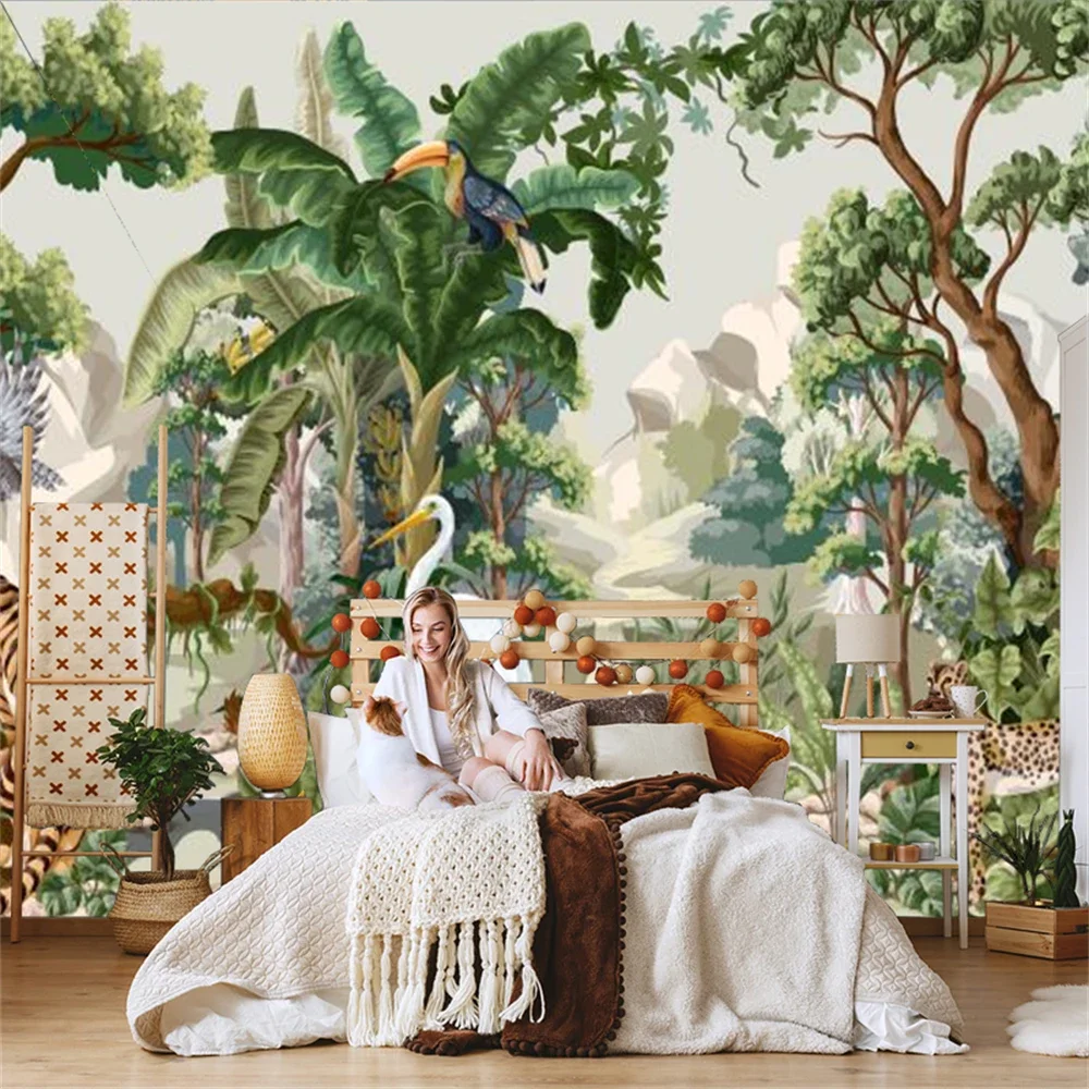 Custom Southeast Asia art wallpaper tropical rainforest plant restaurant mural tiger monkey background 3D wall paper living room