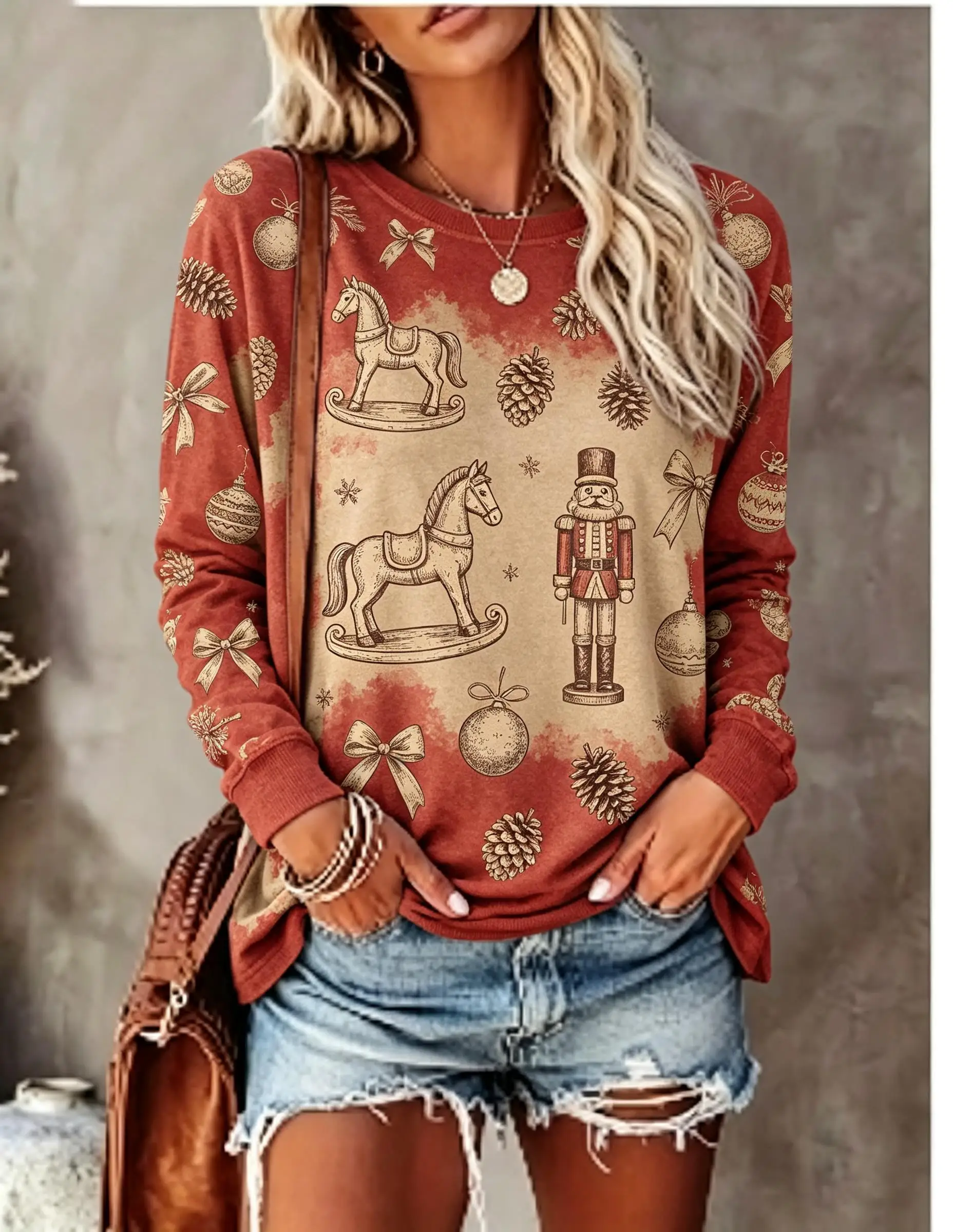 Women Long Sleeve T Shirt Dark Green Gothic Christmas Tree Skull Snowflake Print Crew Neck Fall Tops