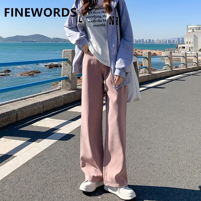 

Винтажные зимние Утепленные розовые джинсы FINEWORDS, женская уличная одежда в Корейском стиле, джинсы с широкими штанинами и высокой талией, свободные потертые джинсовые брюки в стиле Харадзюку