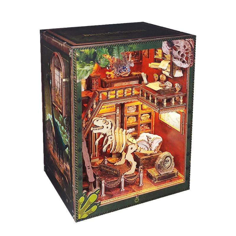 DIY หนังสือไม้ Nook ชั้นวางชุดพิพิธภัณฑ์ไดโนเสาร์ Bookend Miniature ชุด Light ชั้นวางหนังสือสําหรับของขวัญวันเกิดเพื่อน