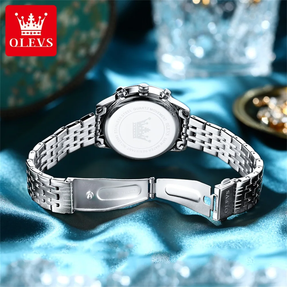 OLEVS 5582 Stainless Steel Diamond Bezel Women\'s Watches Waterproof Luminous Auto Date Chronograph Luxury Quartz Wristwatch Lady