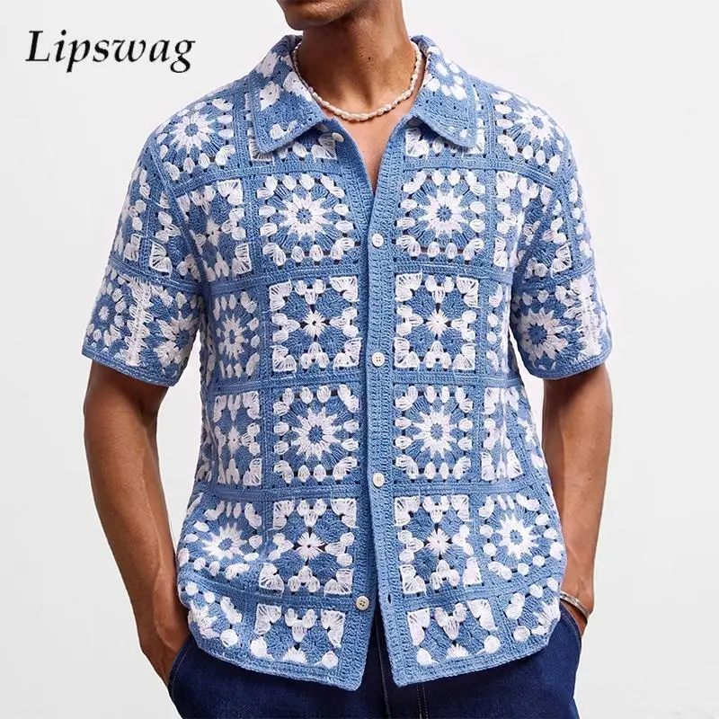 

Vintage Florals Crochet Knit Shirts Mens Summer New Casual Short Sleeve Knitted Slim Shirt Stylish Men Button-up Lapel Cardigans