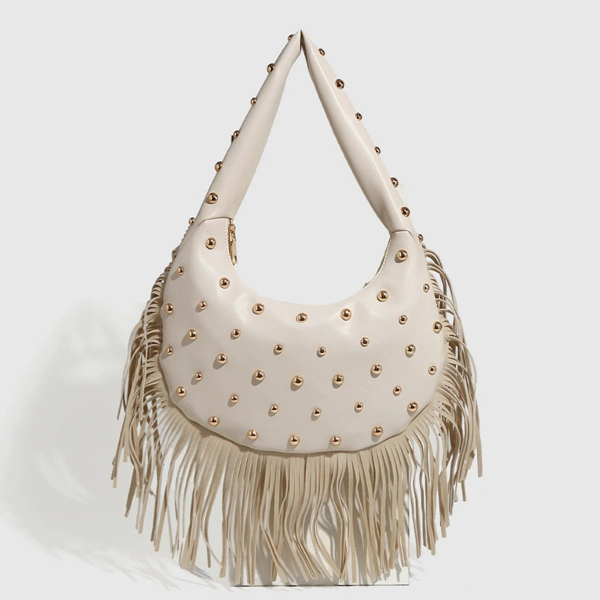 

Womens Vintage Hobo Bag Vegan Leather Underarm Handbag Purse with Fringe Studded Design Casual Shoulder Bag for Daily Use