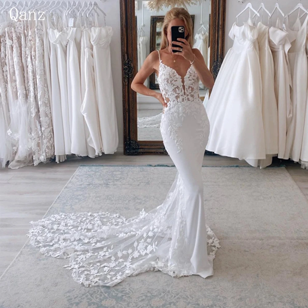 Qanz Mermaid Wedding Dresses Tulle Lace Appliques High Quality Bride Dress Sexy V-neck Spaghetti Straps Boho Vestidos De Fiesta