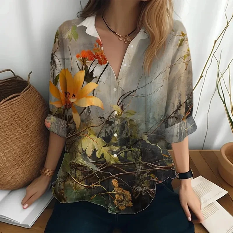 Elegante Dames Shirt Retro Casual Lange Mouw Hoge Kwaliteit Dameskleding 3d Print Lente En Zomer Nieuwe Stijl