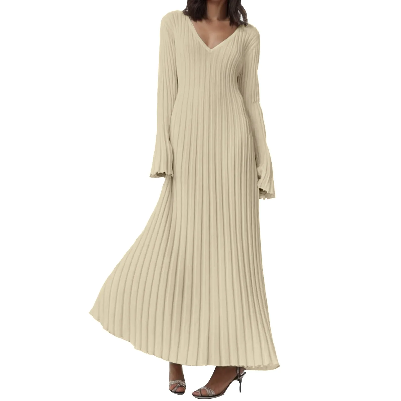 

2024 Knitted Dresses For Women Autumn Winter Elegant Pleated Long Dresses Long Sleeve V Neck Casual Loose White Maxi Dress