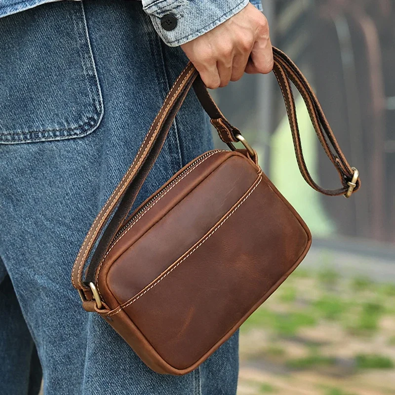 Genuine Leather Men's Shoulder Crossbody Bag Female Simple Retro Small Messenger Bag Ladies Crazy Horse Leather Bags Original