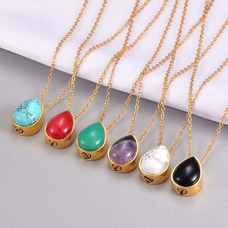 Stainless Steel  Necklaces Waterdrop Natural Stone Pendant  Ashes Keepsake Cremation Jewelry Gift Dropshipping