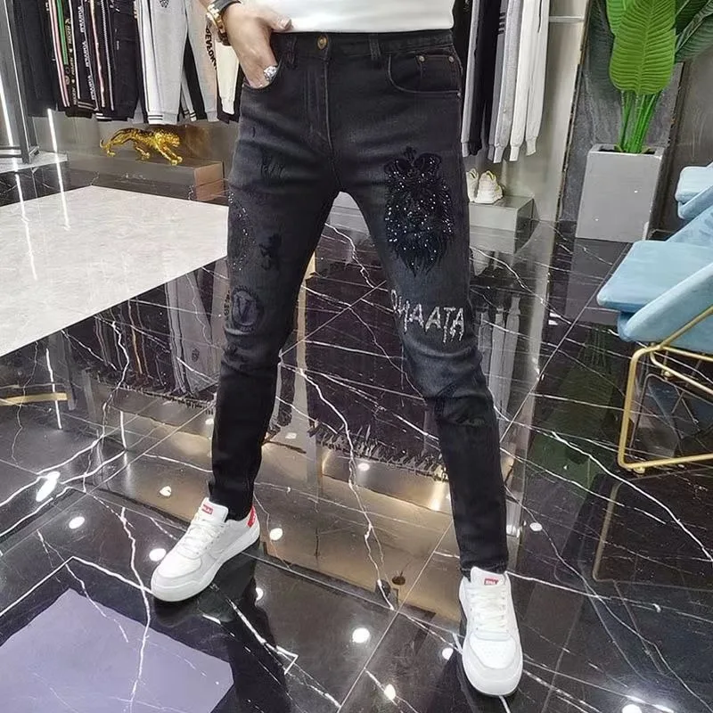 Men's Spring and Autumn Black Jeans Trendy Embroidered Hot Drilling Stretch All-match Slim-fit Handsome Leg Trousers