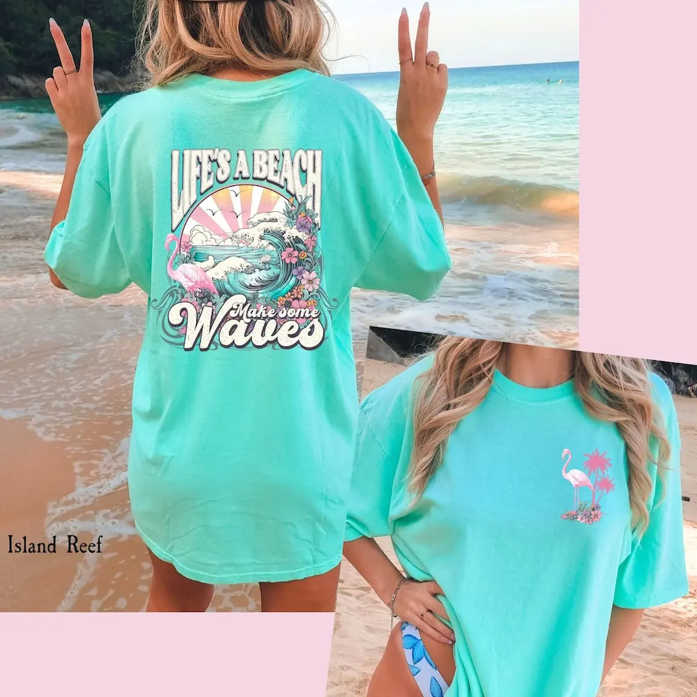 Make Some Waves T Shirt Flamingo Beach Life Oversized Summer Vacation Pocket Please