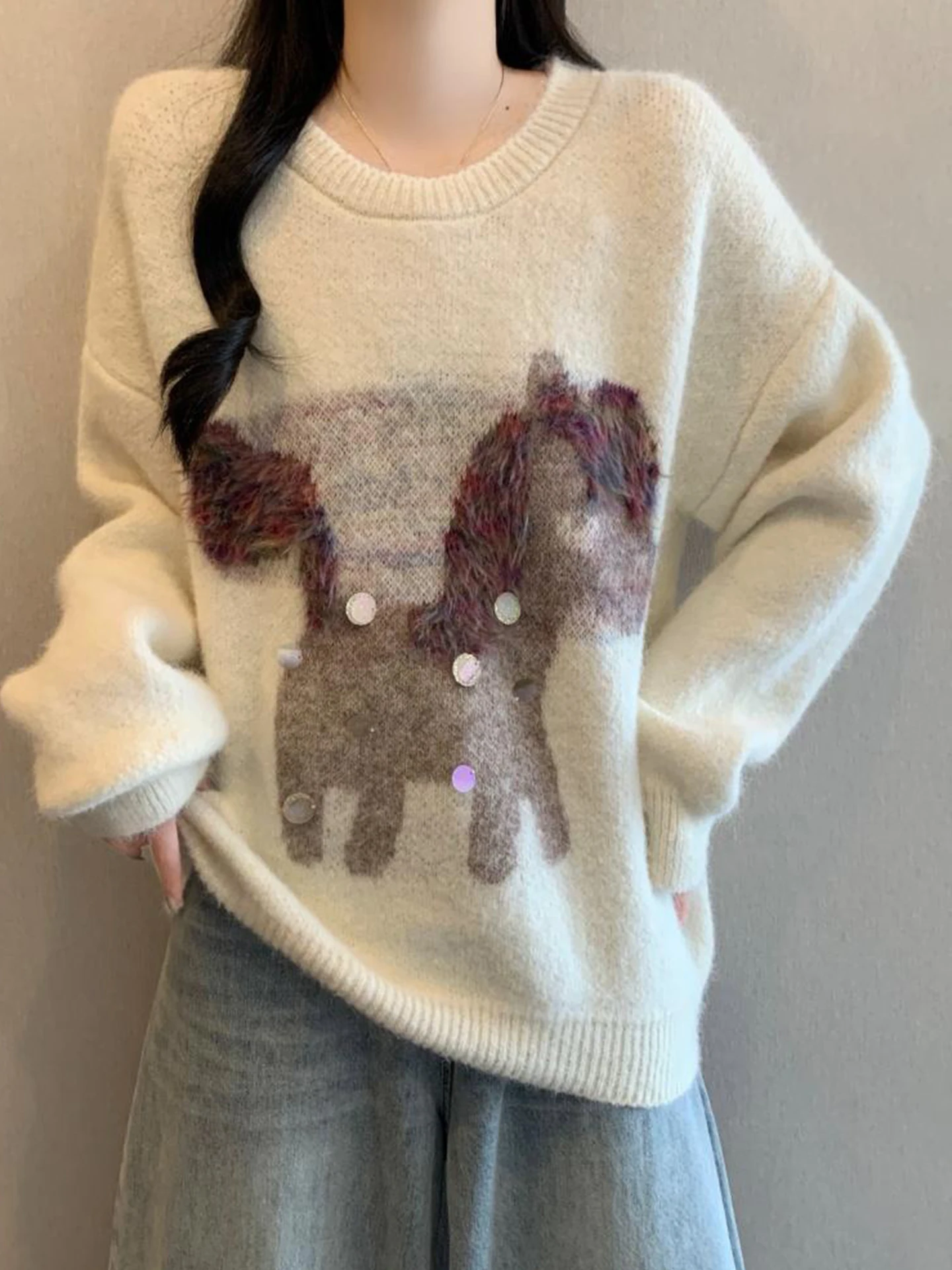 

Autumn Winter Women's Knitted Sweater Embroidered Cartoon Oversize Warm Outerwear Casual Comfortable Fashionable
