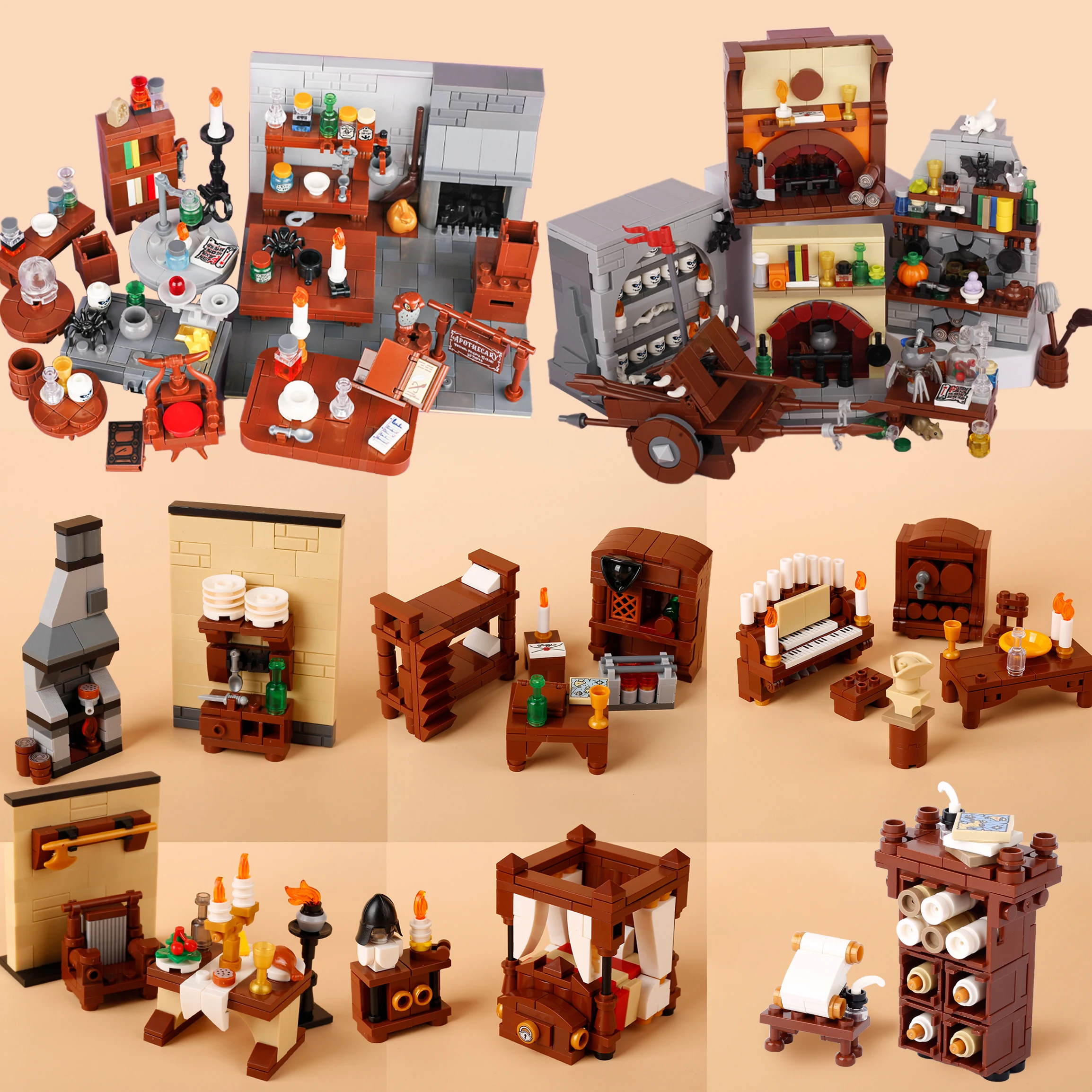 MOC Alchemist Room Furniture Building Blocks Medieval Pharmacist Workbench Workroom Alchemy Book Potion Jar Tank Bricks Toys