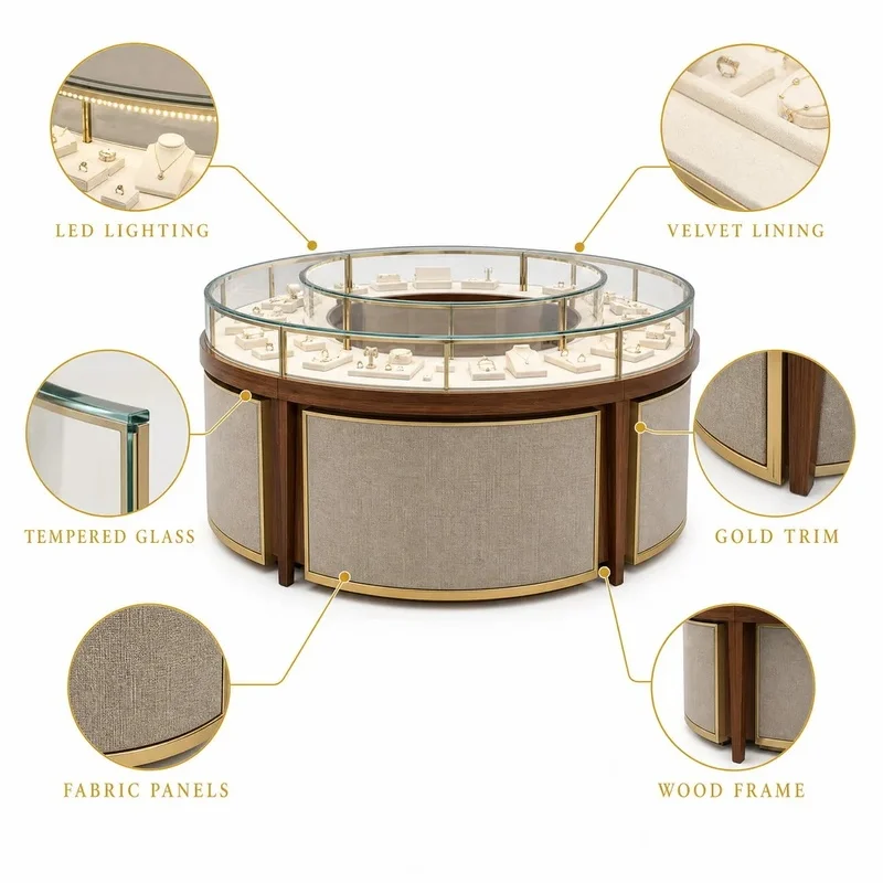 custom.Custom Made Curved Walnut Wood Jewelry & Watch Display Set Turnkey Glass Top Showcase