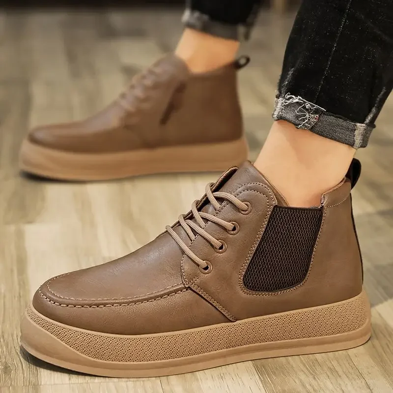 High Top New In Outdoor Men\'s Leather Shoes Size 45 On Sale Quality Fashion Pu Male Casual Boots Promotion Footwear Offer Adults