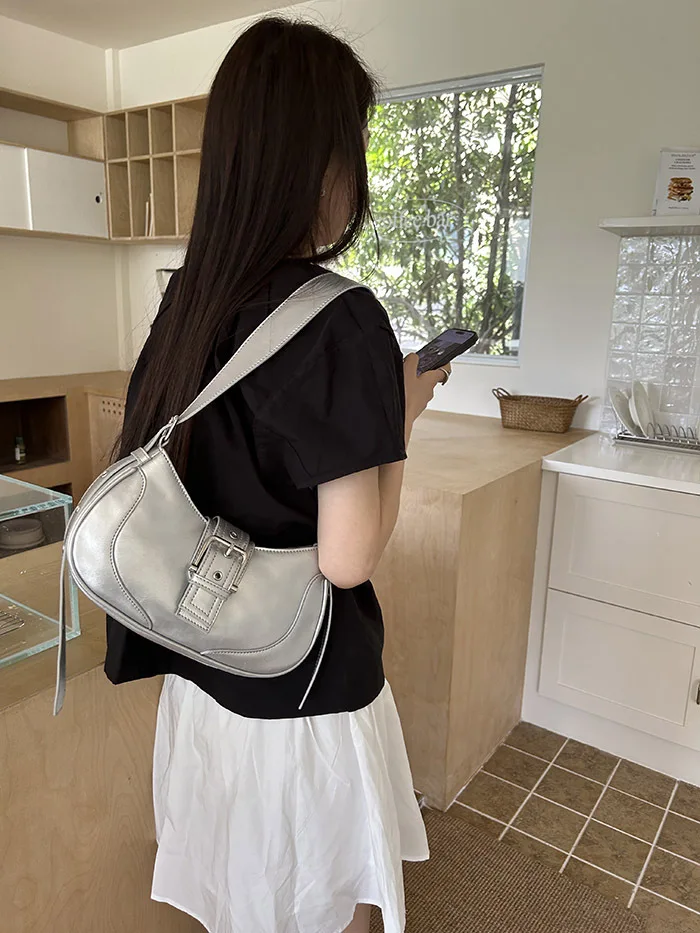 New Fashion Women Female Hobos Bags Casual Solid Color Underarm Bag PU Leather Half Moon Tote Bags Outdoor Clutch Handbags