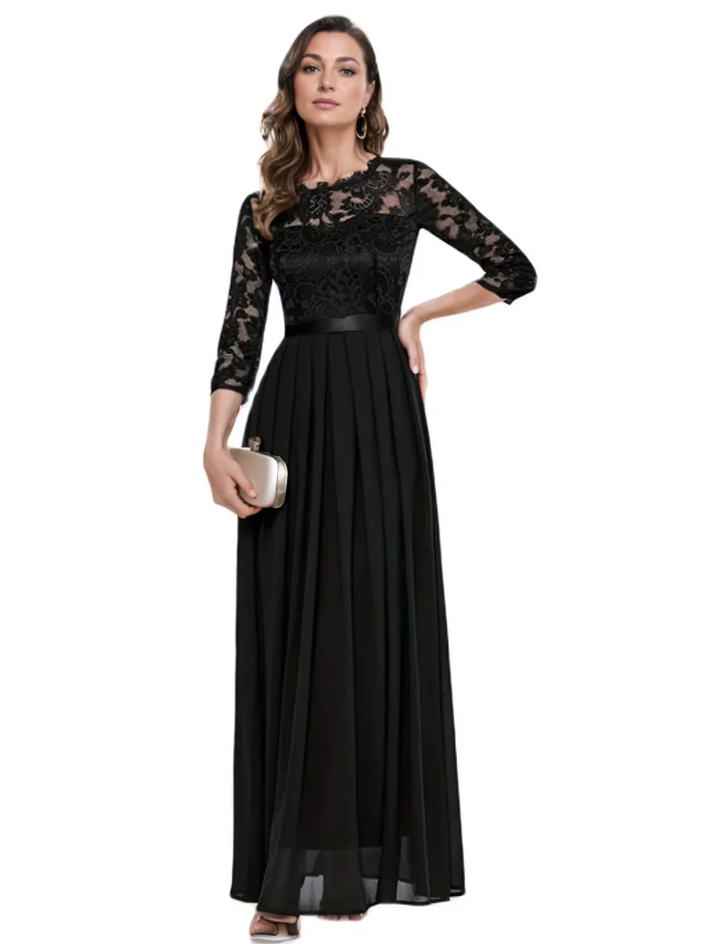 

Контрастное кружевное плиссированное элегантное однотонное вечернее платье макси с рукавами 3/4