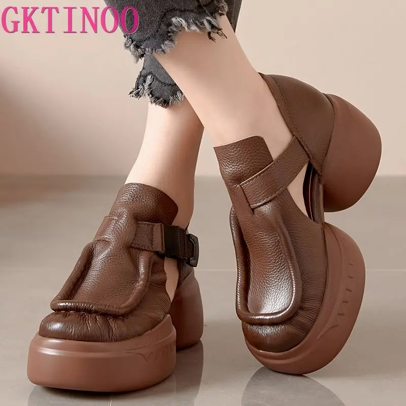 GKTINOO Retro Genuine Leather Thick Sole Platform Shoes Women 2024 Summer New Waterproof Comfort Round Toe Handmade Sandals