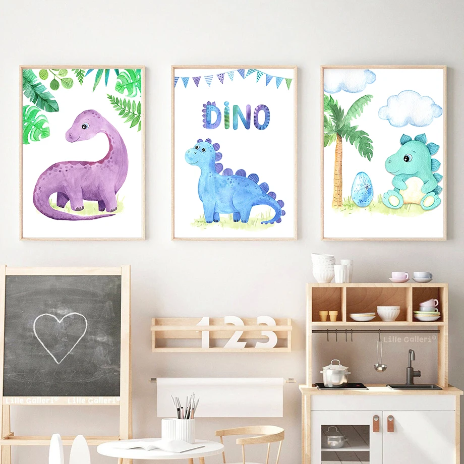 Baby Nursery Gender Neutral - Акварельный постер с милым мультяшным динозавром,