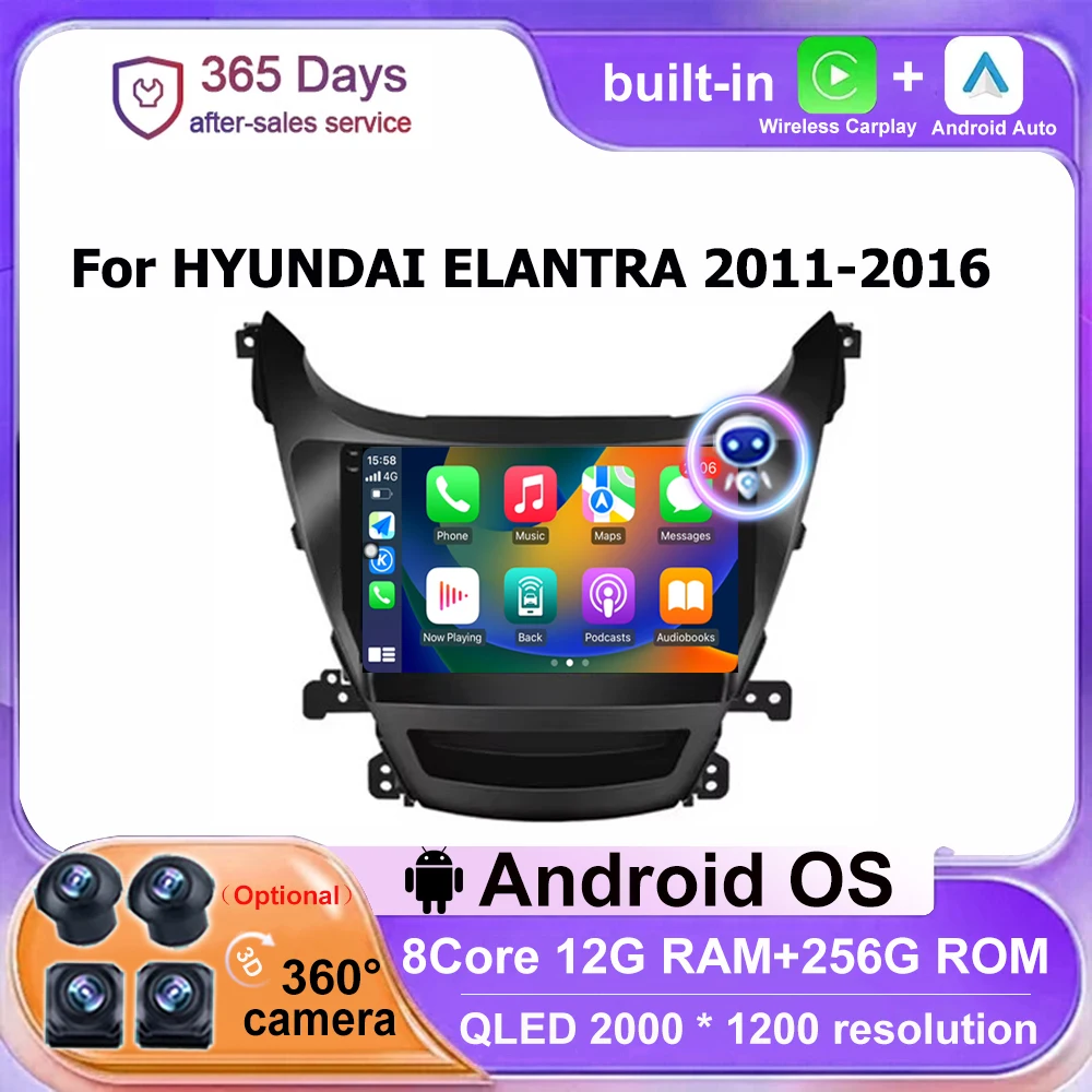 Android Auto For HYUNDAI ELANTRA 2011 - 2016 Wireless Carplay GPS 4G WIFI Car Multimedia Stereo Video Radio Player Navigation BT