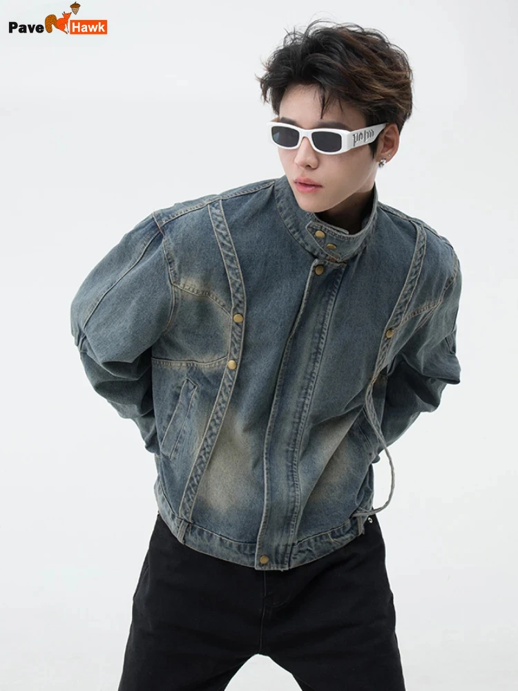 

High Street Denim Jackets Men Spliced Vintage American Cropped Overcoats Hip Hop Spring Autumn Blue Bomber Cowboy Coat Loose