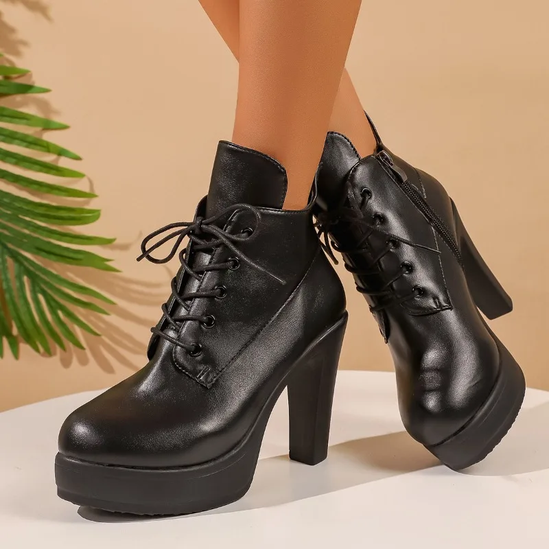 

Super High Heel Ankle Boots Women Platform Boots Round Toe Side Zipper Short Boots High Quality Lace-Up Ladies Shoes Botas Mujer