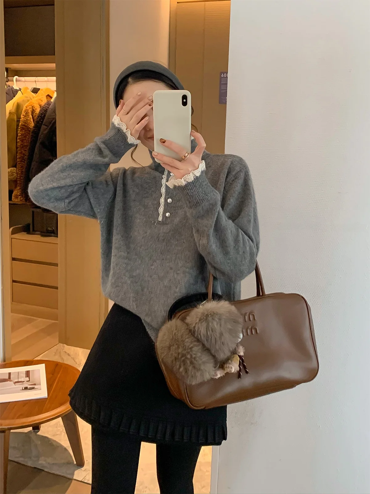 

Love Devil Fi Lace Splicing Knitted Top Winter New Sle Women's Inner Wear Versatile Woolen Base Layer T-irt Knitwear