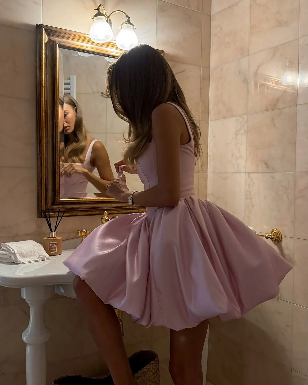 Puffy Pink Satin Mini Brithday Dress Off‑Shoulder Square Neck Taffeta A‑Line Prom Gown Pleated Satin Summer Party Wedding Gown