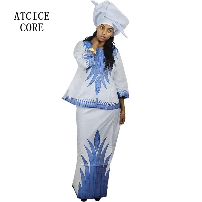 African Dresses For Woman Bazin Riche Embroidery Design Short Rapper With Scarf 3pcs One Set