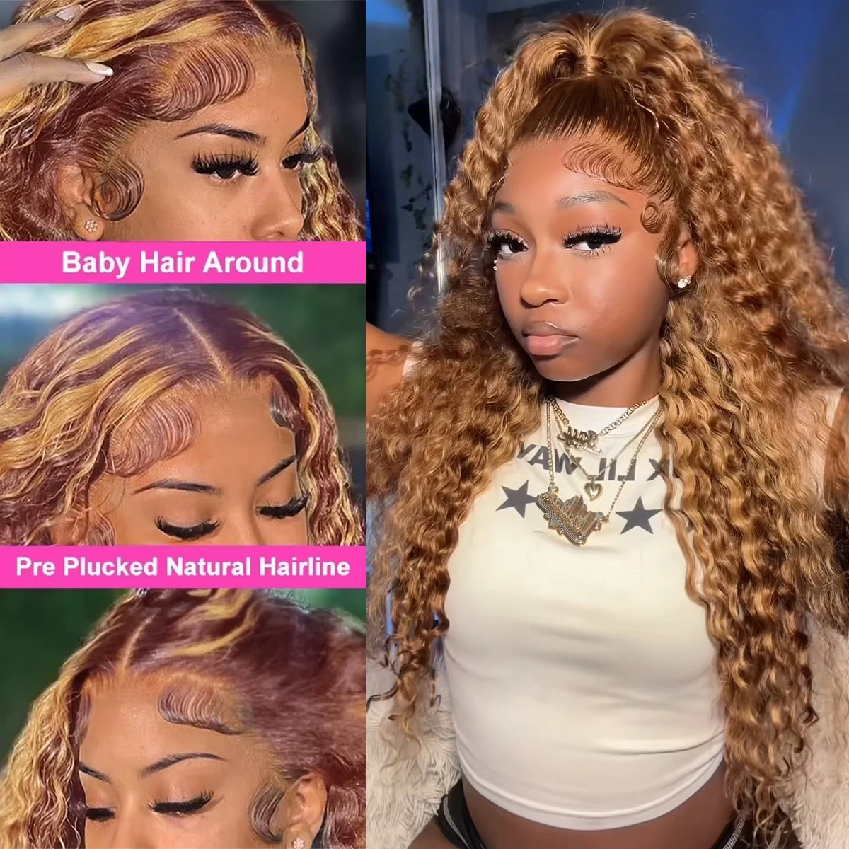

Honey Blonde 100% Human Hair Highlight 13x6 HD Lace Frontal Wig Deep Wave 13x4 Lace Front Wigs Water Wave Curly Wigs 200 Density