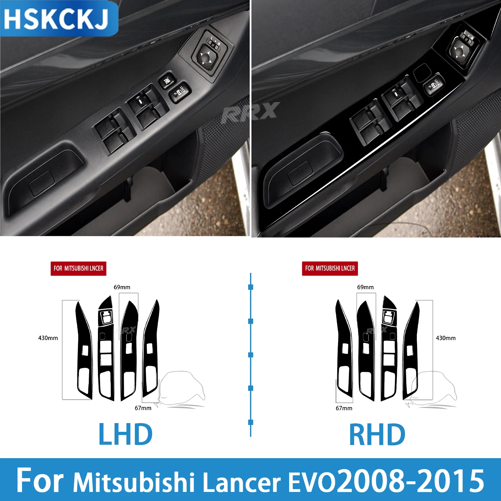 For 2008-2015 Mitsubishi Lancer EVO Gloss Piano Black Power Window Switch Lift Control Panel Cover Bezel Trim Decor Sticker 9PCS