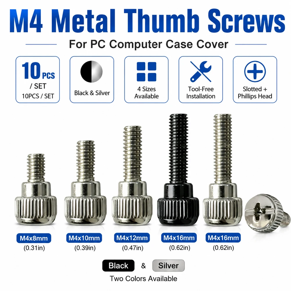 10-100Pcs M4 Black/Silver Metal Thumb Screws, Slotted Phillips Head Hand Tighten Computer Case Bolts, Carbon Steel Hardware