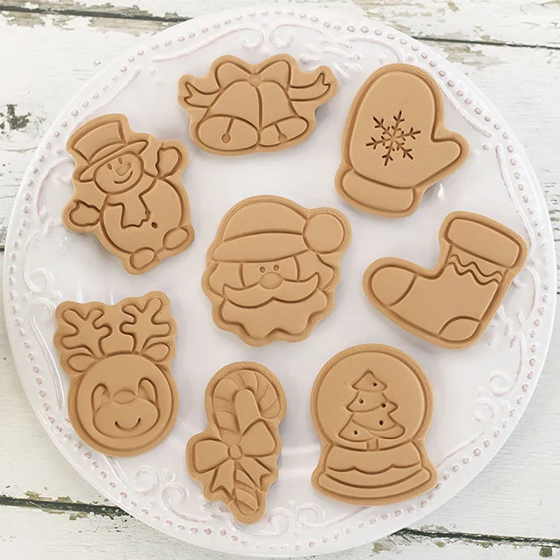 8Pcs/Set Christmas Biscuit Mold Snowflake Snowman Bell Shape Cookie Cutter Stamp Fondant Cake Decoration Tools