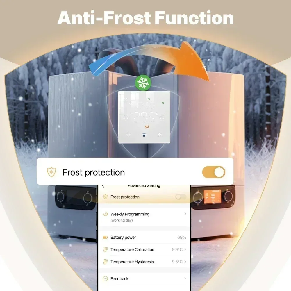 

Smart Digital Thermostat Featuring Remote WiFi Control and 7 Day Programmable Schedule for Gas Boilers with Integration