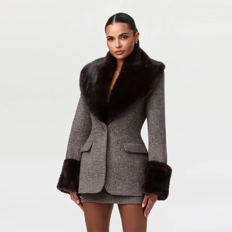 

Women's Detachable Fur Collar Suit Jacket Cuff Rtificial Fur Plaid Skirt Suit Date Commuter Female Clothing New Casual Clothes