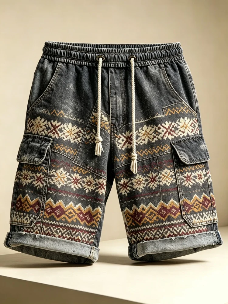 Men Retro Tribal Print Cargo Shorts Faux Denim Drawstring Elastic Waist Multi Pockets Loose Casual Knee Length Shorts