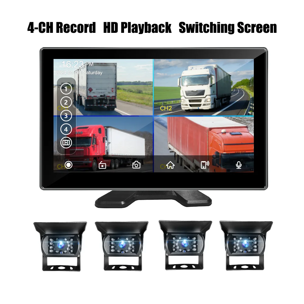 10.1 Inch 4CH Quad Split Monitor Carplay 1080P Camera Truck DVR Recording System For Truck Bus RV