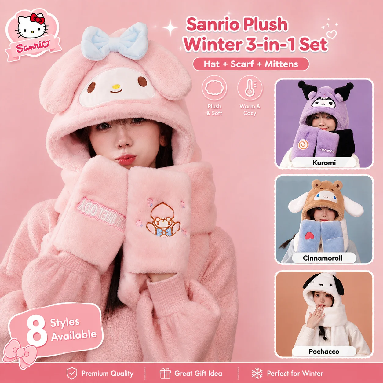 Trendiges, beliebtes neues Sanrio Herbst-Winter-Set aus weicher, flauschiger Mütze, Schal und Handschuhen für Outdoor-Aktivitäten, Pendeln und Reisen – 3-in-1-Wärmeset.