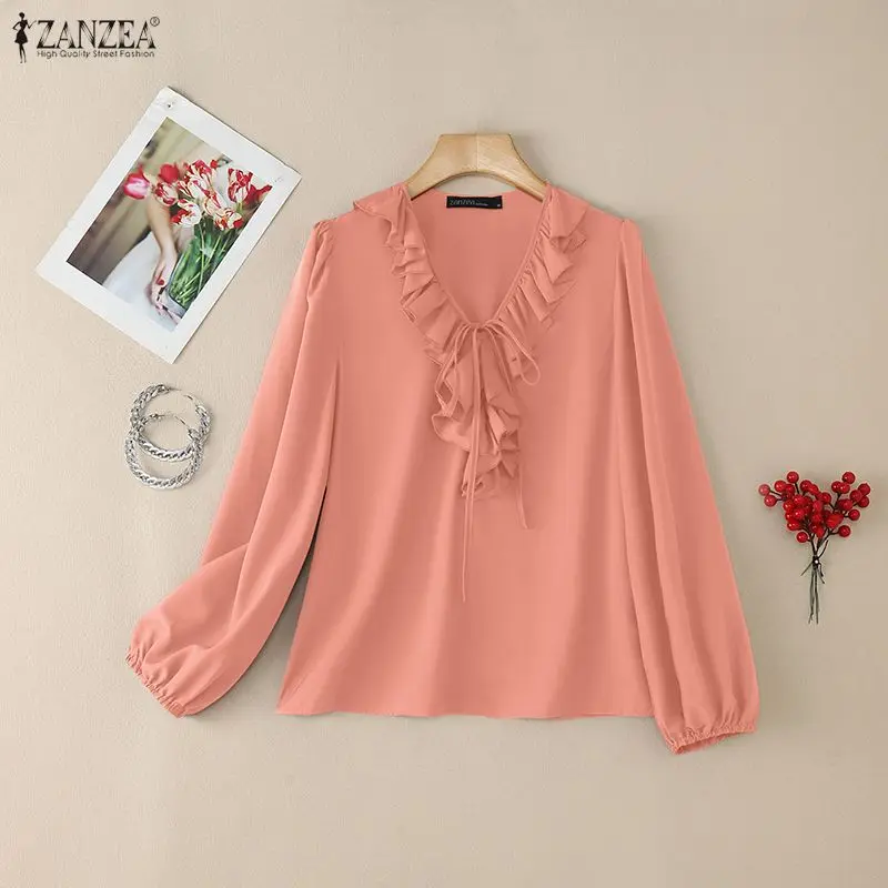 

Women's Elegant Ruffles Trim Blouses Fashion Lace-Up Detail V-Neck Lantern Sleeves Solid Color Female Tops ZANZEA Woman Blouse