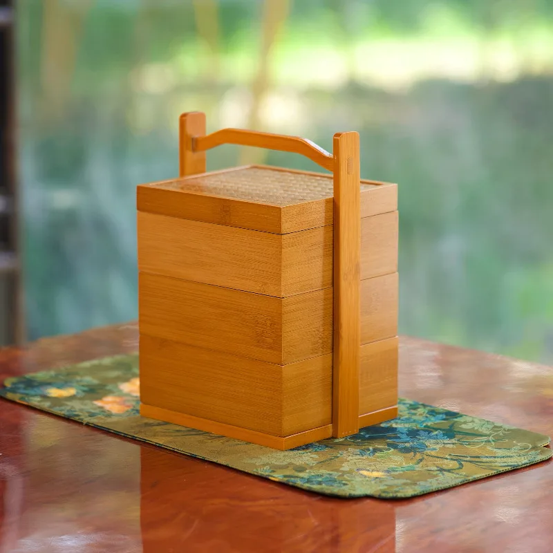 Scatola di bambù cinese a tre strati per picnic, scatola di frutta, snack portatile, piatto di frutta, scatola di immagazzinaggio portatile per set da tè