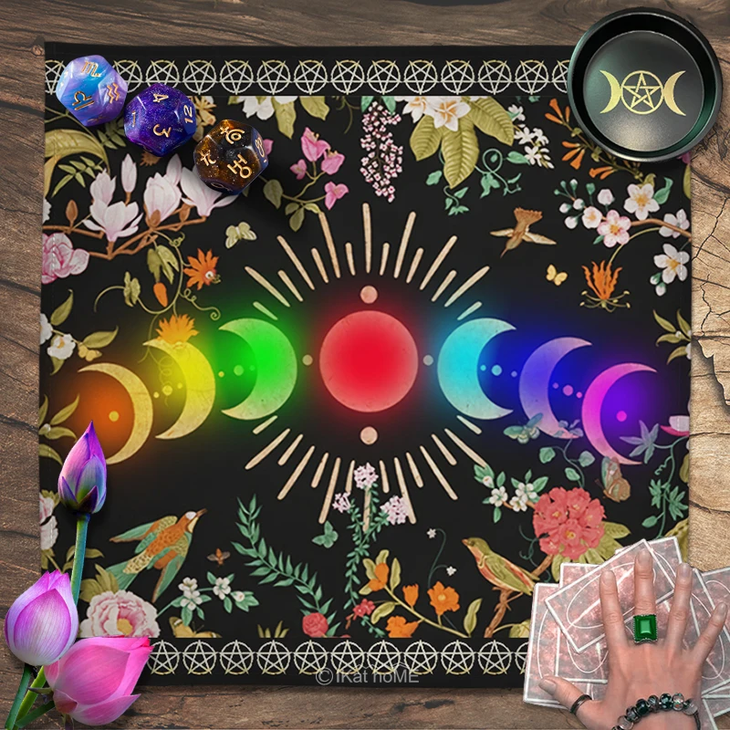 Pentagram Triple Moon Phase Altar Cloth Rainbow Flower Plant Velvet Tarot Tablecloth Oracle Card Pad Divination Witchcraft Mats