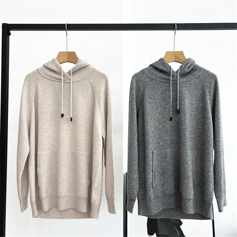 

Женская осенне-зимняя новая кашемировая вязаная толстовка с капюшоном и длинными рукавами и карманами на шнурке